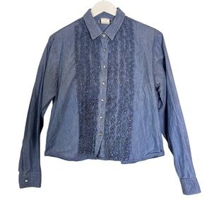 PANHANDLE SLIM QUALITY WESTERN WEAR Jean Button Down With Ruffle Front Blouse L